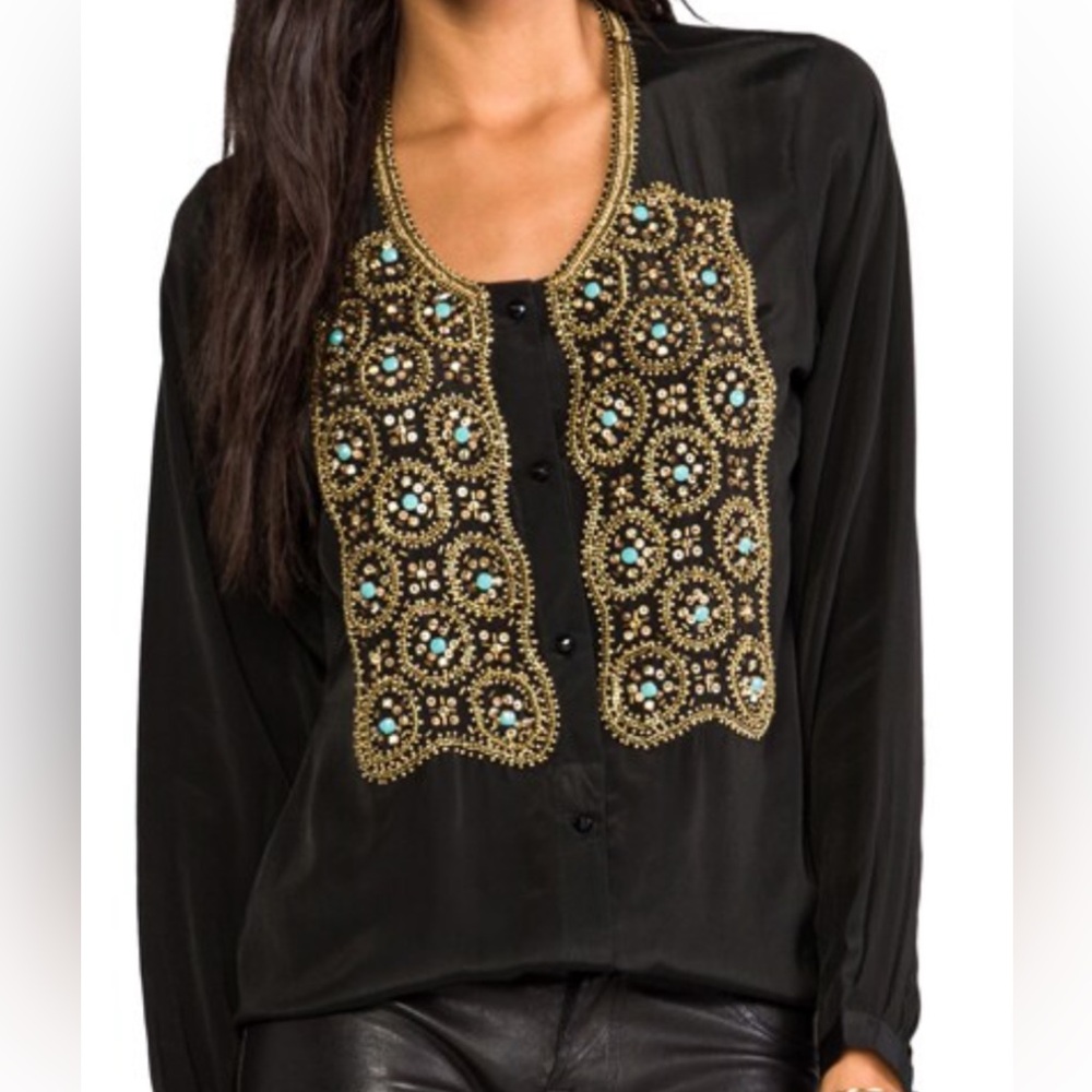 Karina Grimaldi Black Blouse with Gold and Blue Embellishments